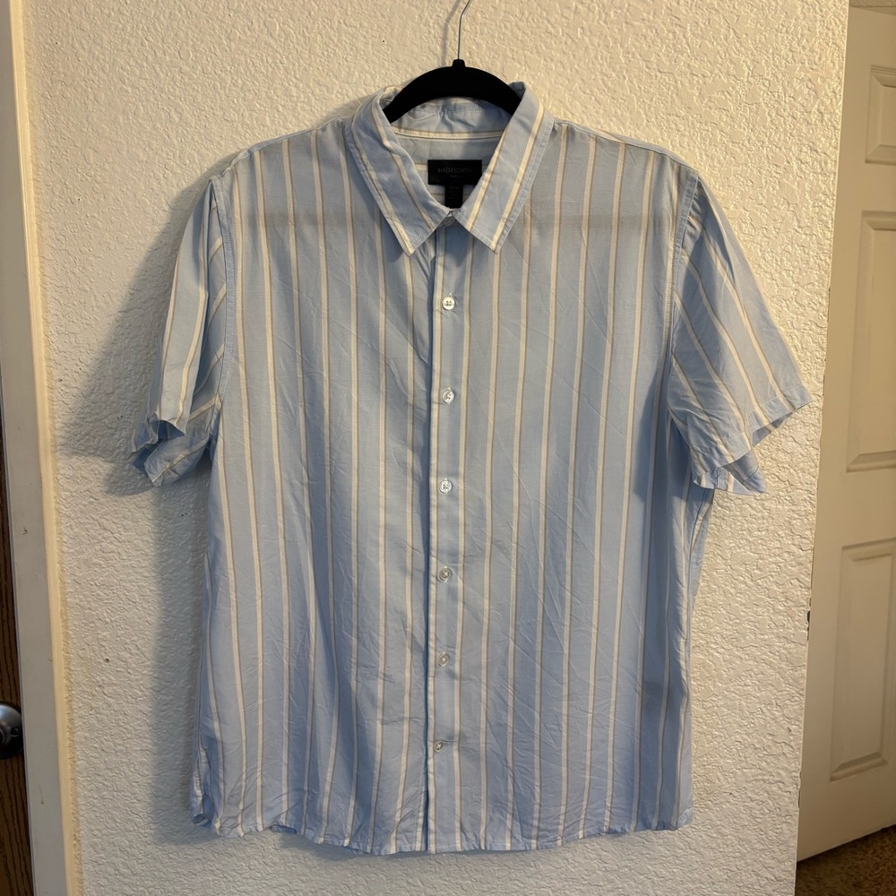 Magaschoni‎ Man Light Blue Striped Short Sleeve Button-Up Shirt Men's Medium